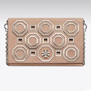 TORY BURCH Stucco Beige Suede Kira Metal Octagon Clutch